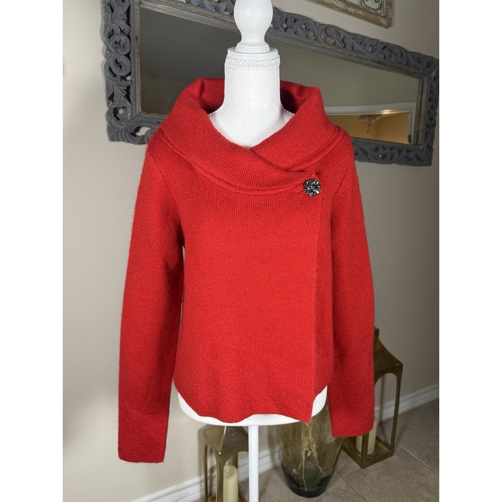 Adrienne Vittadini Red Wool Blend Sweater Jacket‎ Shawl Collar Brooch Sz M
